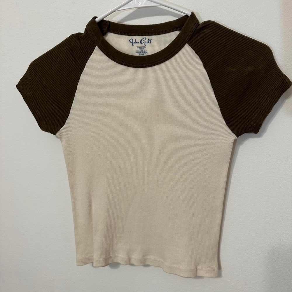 Brandy Melville Cream and Brown Short Sleeve Tee